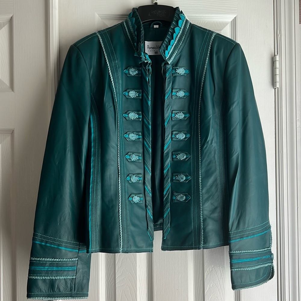 Teal Leather Military-Style Jacket